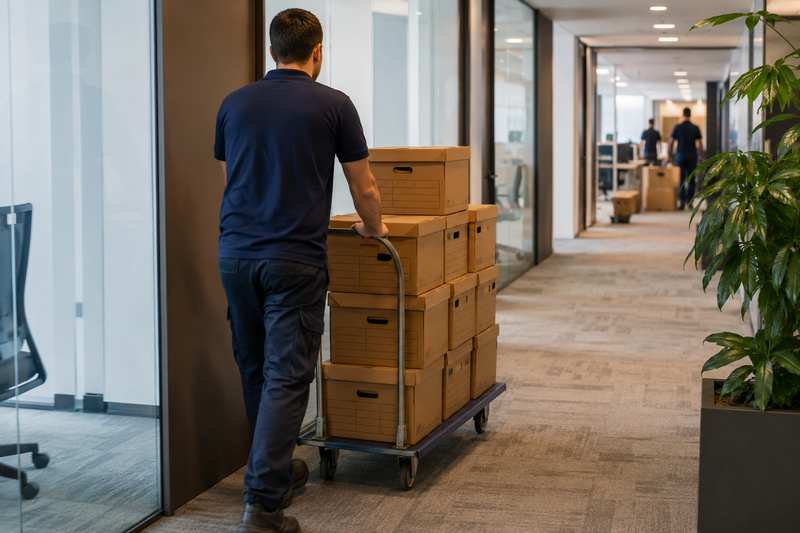 Cartons d’archives sur un chariot en déménagement de bureaux