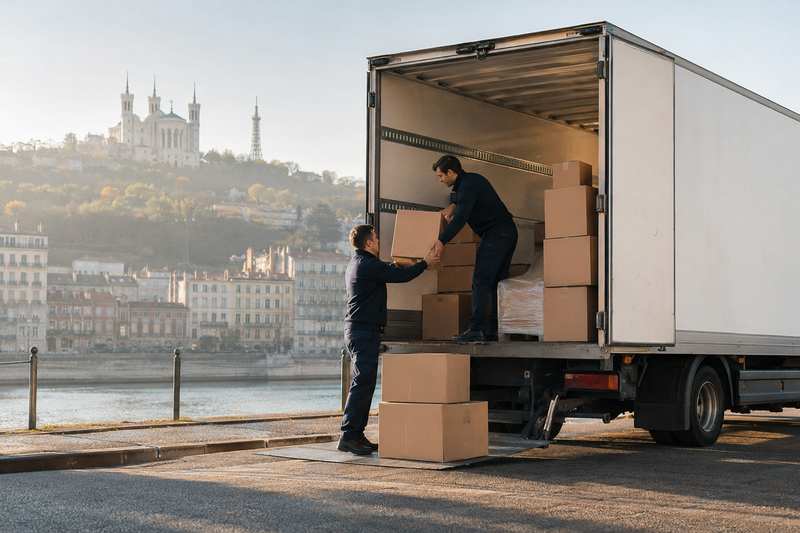 Camion de déménagement sur les quais du Rhône à Lyon