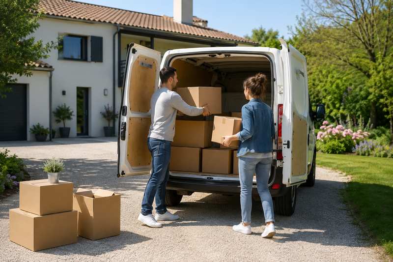 Couple chargeant un utilitaire devant une maison