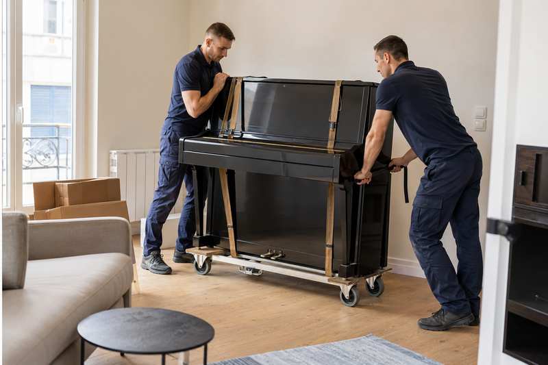 Piano sanglé sur un chariot de déménagement